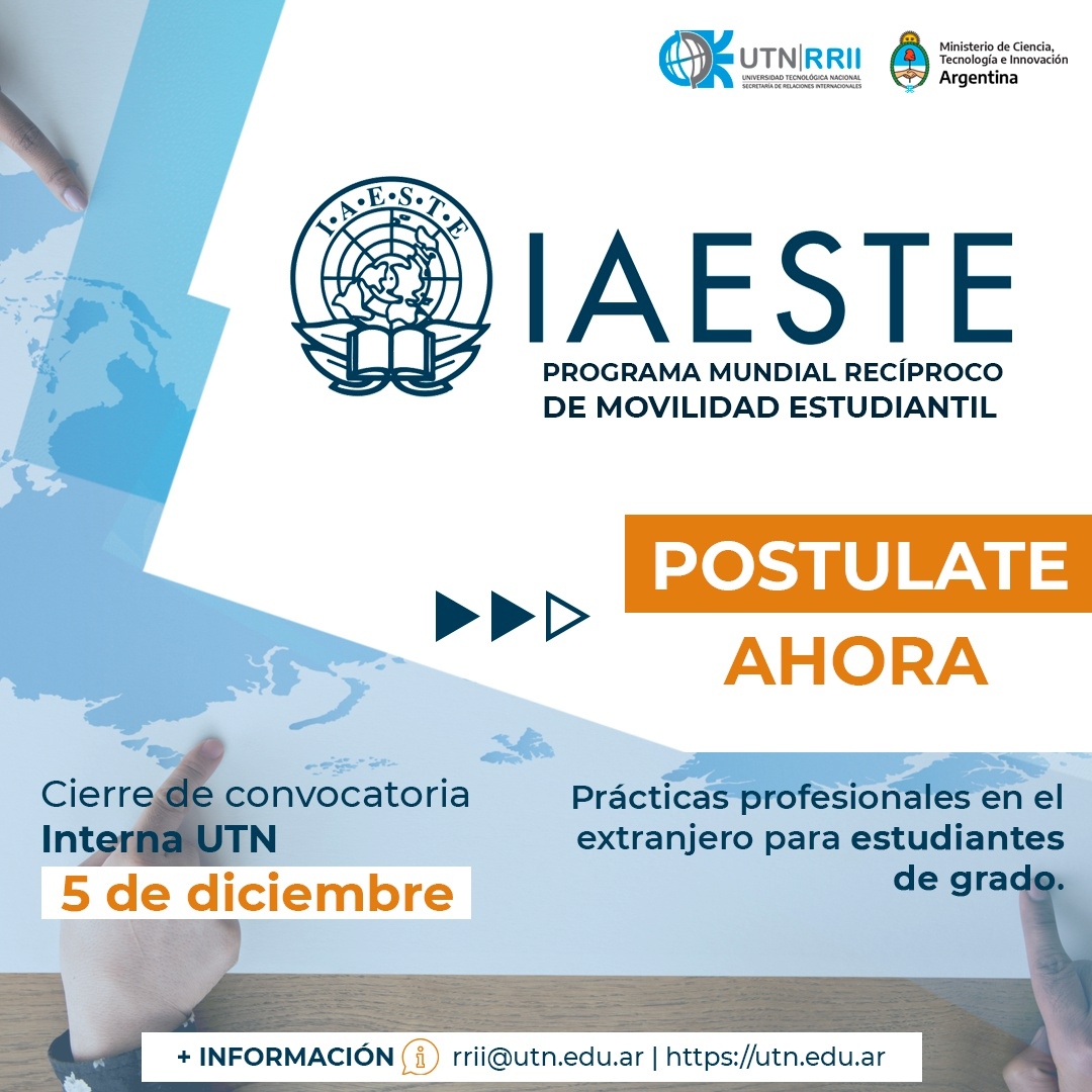 ¿Te interesa estudiar en el exterior? 🤔⁣
🌎 Esta es tu oportunidad ☺️⁣
⁣
IAESTE proporciona a los estudiantes de carreras de ingeniería una práctica de formación pertinente a tus estudios 🤓⁣
⁣
⁣👌 Seguí los pasos, dudas? consultá ⁣a utn.edu.ar/es/secretaria-…