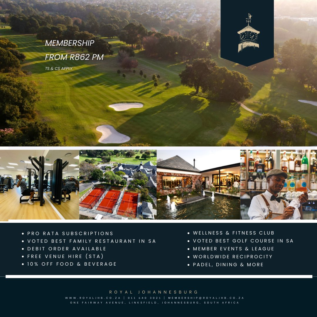 Royal Johannesburg (@royal_jhb_golf) on Twitter photo A lifestyle of uncompromised service and sublime facilities for the entire family!
Our gift to you this holiday season - join before 31 Dec and receive 26 free rounds of golf, 4 padel games, gym access and much more! (Ltd ts&cs apply).
📧 membership@royaljhb.co.za A lifestyle of uncompromised service and sublime facilities for the entire family!
Our gift to you this holiday season - join before 31 Dec and receive 26 free rounds of golf, 4 padel games, gym access and much more! (Ltd ts&cs apply).
📧 membership@royaljhb.co.za