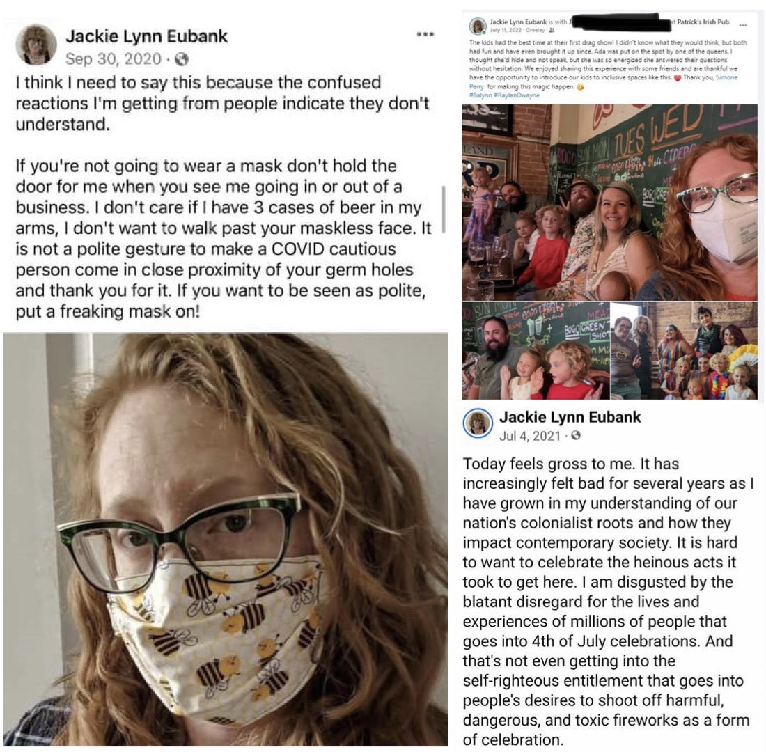 libsoftiktok's tweet photo. Meet Jackie Eubank. She’s running for school board in Weld Re-5J School District in Colorado. She says celebrating the 4th of July “feels gross.” She also thinks drag is appropriate for kids and demeaned polite people who chose not to wear masks outdoors, calling them “germ holes.” 

Would you want this person in charge of your kid’s education? The election is today.