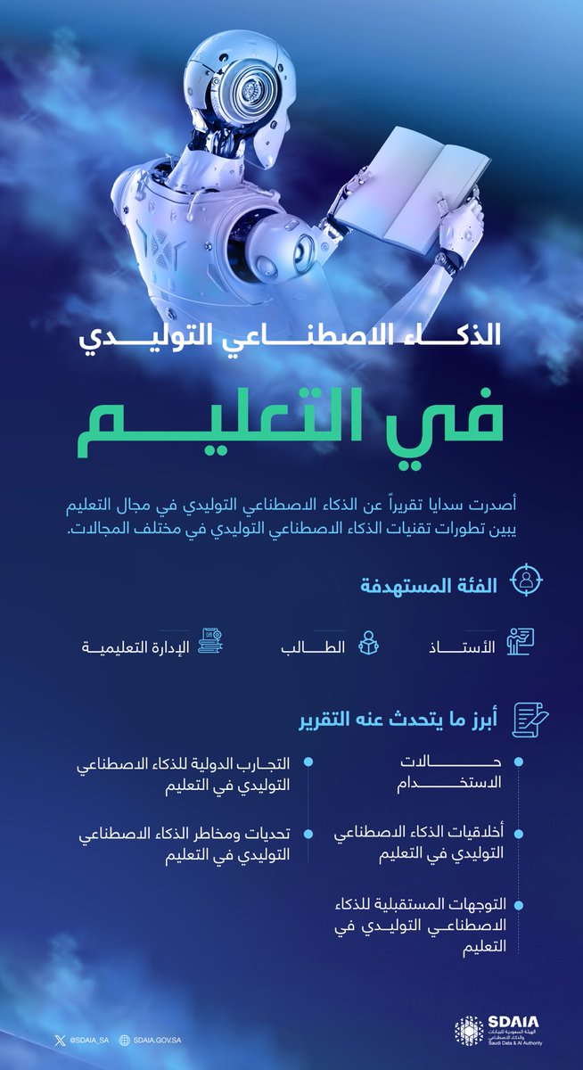 SDAIA_SA's tweet image. #سدايا تصدر تقريراً عن #الذكاء_الاصطناعي_التوليدي في #التعليم الذي يعد أحد أبرز القطاعات المستفيدة منه.
تعرف أكثر عن طريق زيارة الرابط التالي:

sdaia.gov.sa/ar/MediaCenter…
