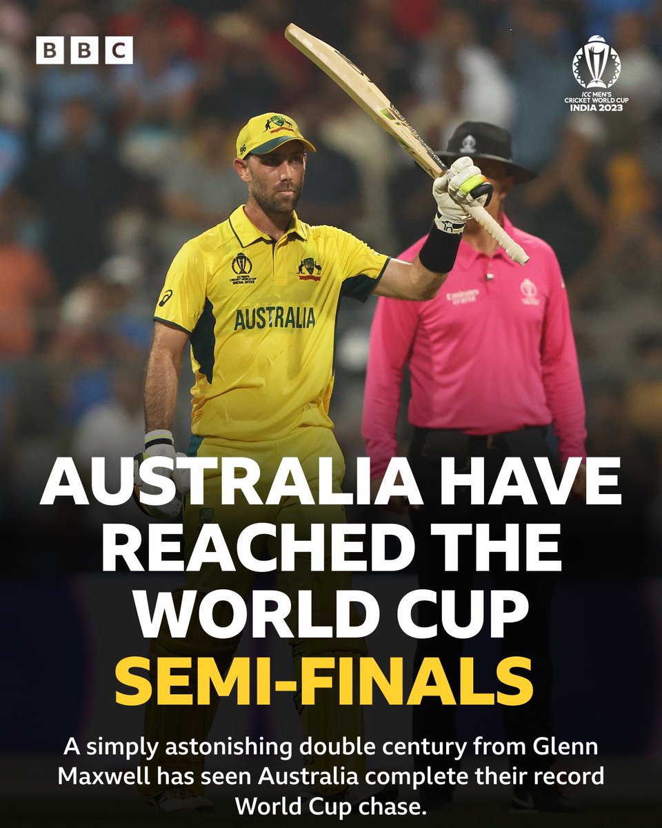 The greatest ODI innings of all time? 🤯

From 91-7, to a three wicket victory. And he could hardly walk.

Glenn Maxwell, take a bow. 

#BBCCricket #CWC23 #AUSvAFG
