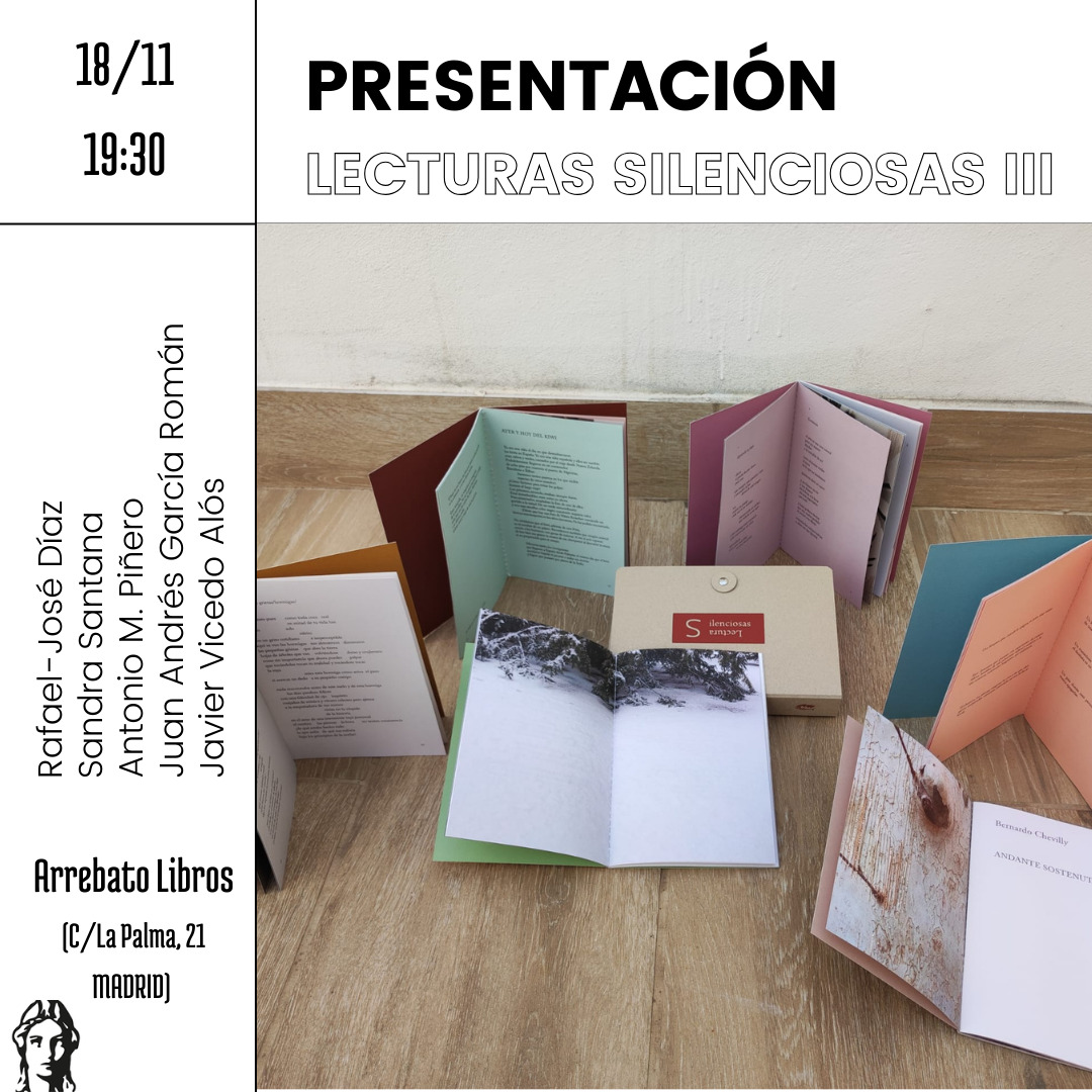 Litera_AteneoLL's tweet photo. Anunciamos con mucha ilusión la presentación en Madrid, Arrebato Libros, de "Lecturas silenciosas 3", de la mano de Juan Andrés García Román, Javier Vicedo Alós, Rafael-José Díaz y Sandra Santana, el próximo sábado 18 de noviembre a las siete y media
¡Les esperamos! https://t.co/pGlUpdSls0