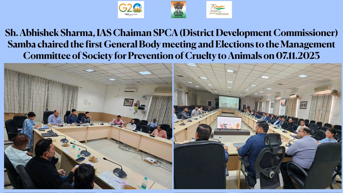 ahdsamba's tweet photo. In a first in JKUT, First General Body Meeting and elections to Management Committee of SPCA conducted by District Administration Samba under Chairmanship of Sh. Abhishek Sharma, IAS. Sh. Vikesh Amba &amp; Sh. Rajeev Sharma were elected as Vice President &amp; Treasurer, respectively. https://t.co/4O7oJeOpAn