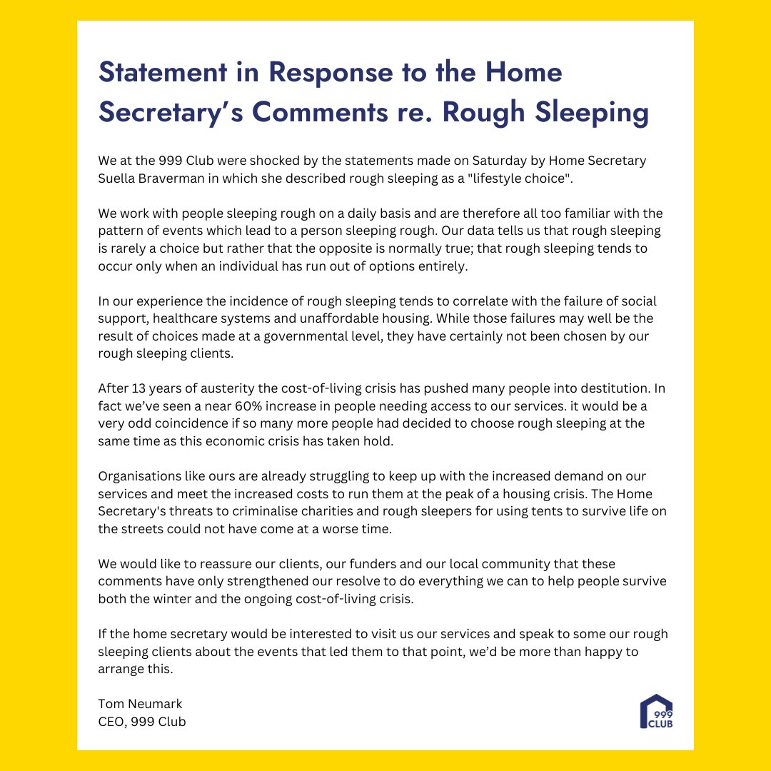 Our CEO Tom Neumark’a response to the Home Secretary’s comments on the weekend 

#homelesspeople #homesecretary #endsleepingrough #homelessness #RoughSleeping