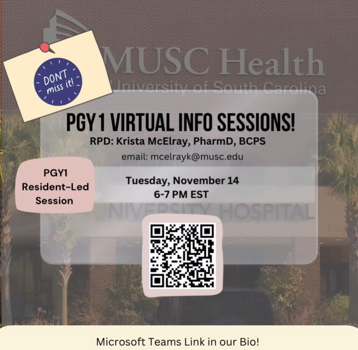 ✨Please join us for an open house information session to learn more about the PGY1 Residency Program from our current residents! The Virtual Info Session will be on 11/14/23 6:00 PM EST. You can join via the link in the linktree in our Bio or use the QR code!✨