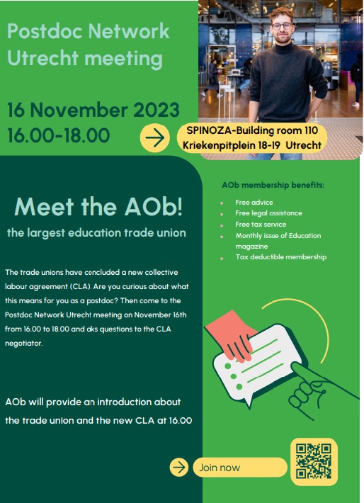 Are you working as a postdoc/researcher at Utrecht University? Do you want to know what your rights are as an employee? My colleagues and I will tell you all about it at the meeting of Postdoc Network Utrecht 16 November 2023. You are most welcome! @AObtweets