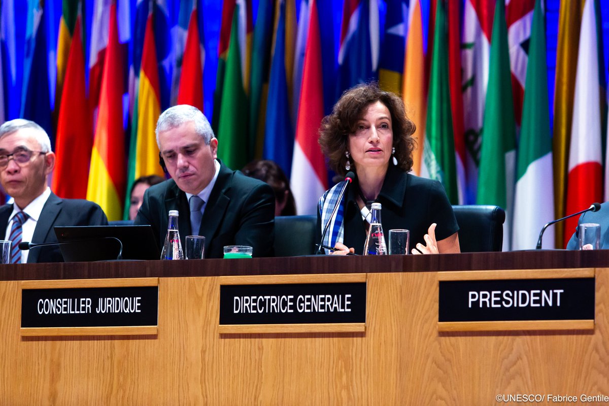 AAzoulay's tweet photo. The 42nd #UNESCOGC opened today. For two weeks, our 194 Member States will work together to amplify our global action for education, culture, science and information. We have an immense responsibility: in a heavily fractured world, @UNESCO's mandate is vital for defending #peace. https://t.co/L5MjgtNUtI