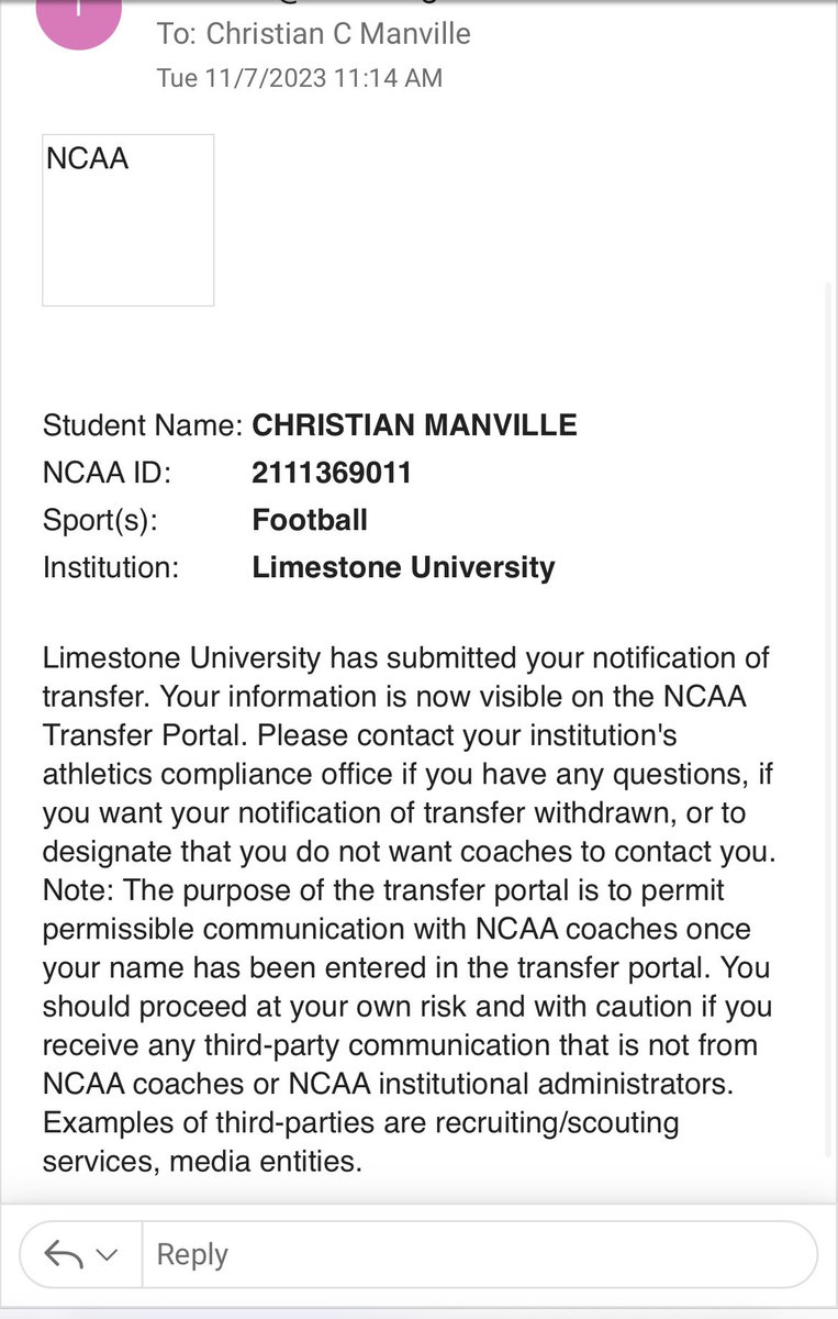 Thank you to the coaches at Limestone University for giving me the opportunity to continue my academic and athletic career. With that being said, I have entered my name in the transfer portal with 4 years of eligibility left.
