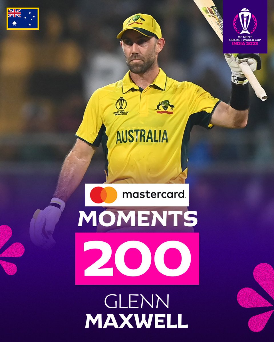 cricketworldcup's tweet photo. An exceptional double ton from an injured Glenn Maxwell helps Australia to a famous victory 🔥

@mastercardindia Milestones 🏏

#AUSvAFG https://t.co/sBUfzcHAdY