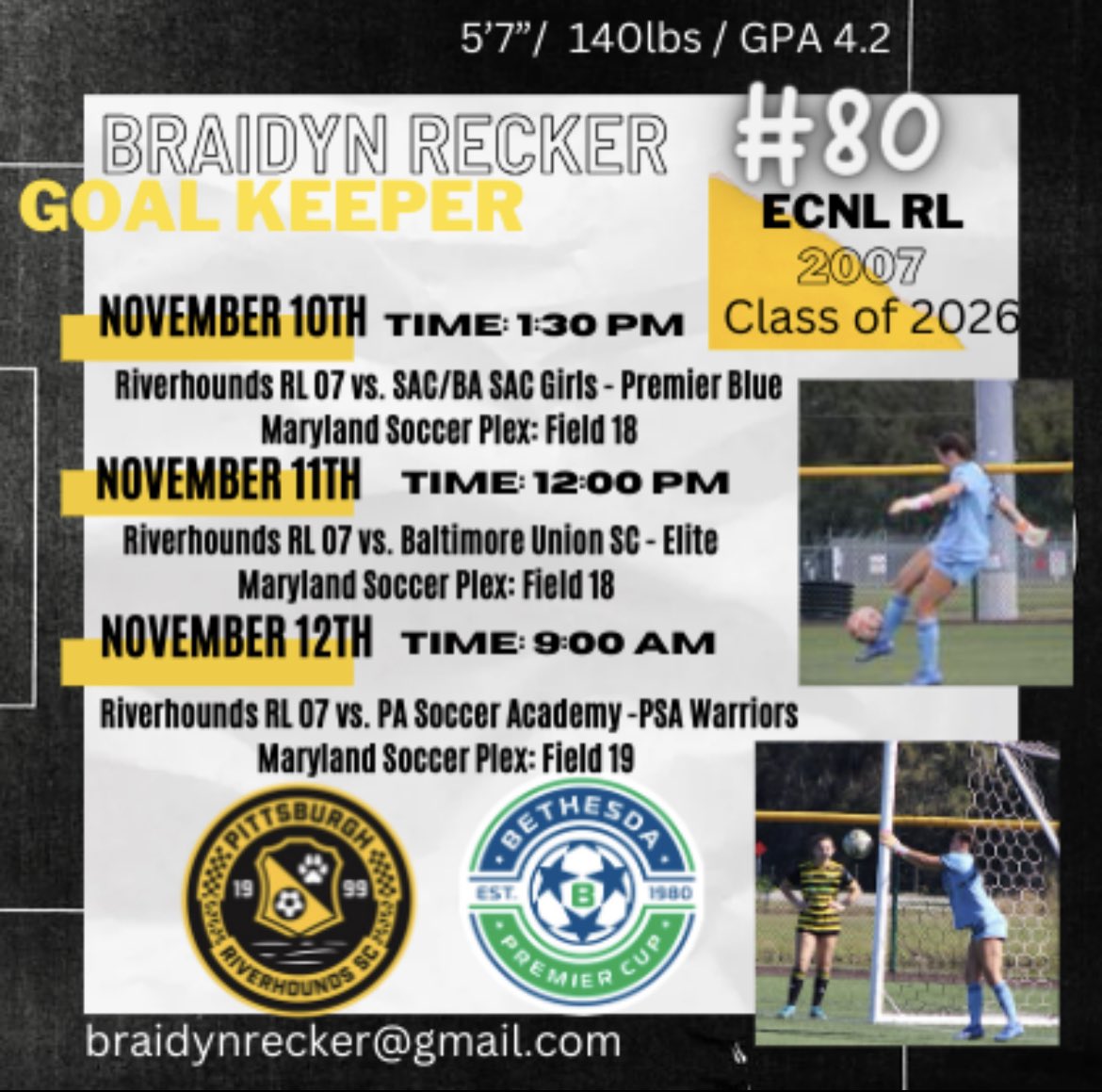BraidynRecker's tweet photo. I can not wait to get my club season started this weekend! I’m so excited to play with our great group of girls again! Check out our schedule for the Bethesda Premiere Cup! https://t.co/XZNxbMjNBj