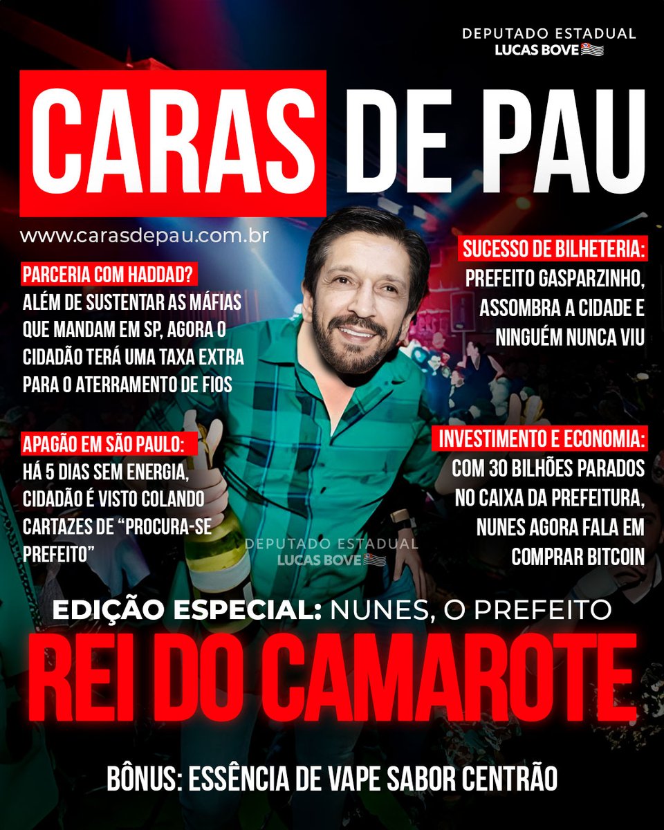lucasbovesp's tweet image. Não perca a última edição da Revista Caras (de pau). Procure na banca mais próxima à sua residência, com certeza será mais fácil encontrar a revista do que achar um paulistano que conheça o atual prefeito.