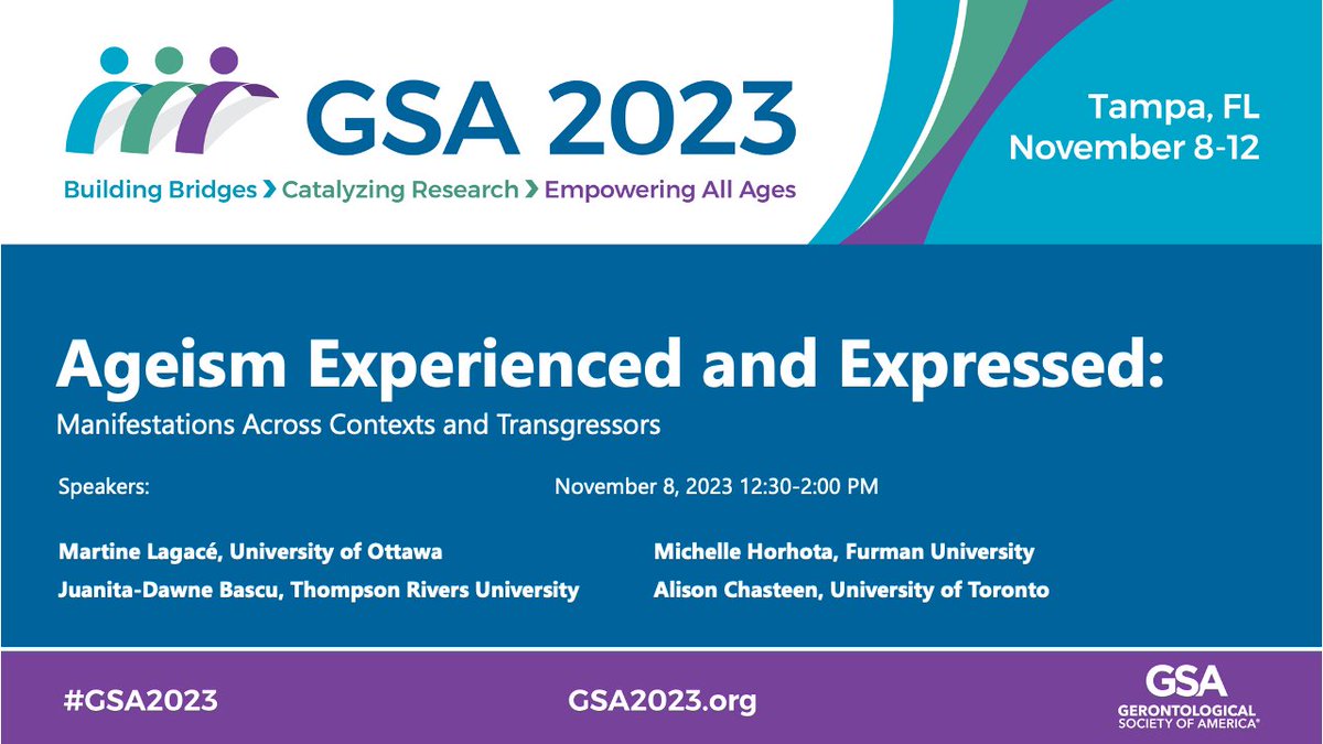 Want to learn more about ageism across contexts? Stop by this Wednesday, November 8th at 12:30 PM to hear about Ageism Experienced and Expressed: Manifestations Across Contexts and Transgressors. #GSA2023