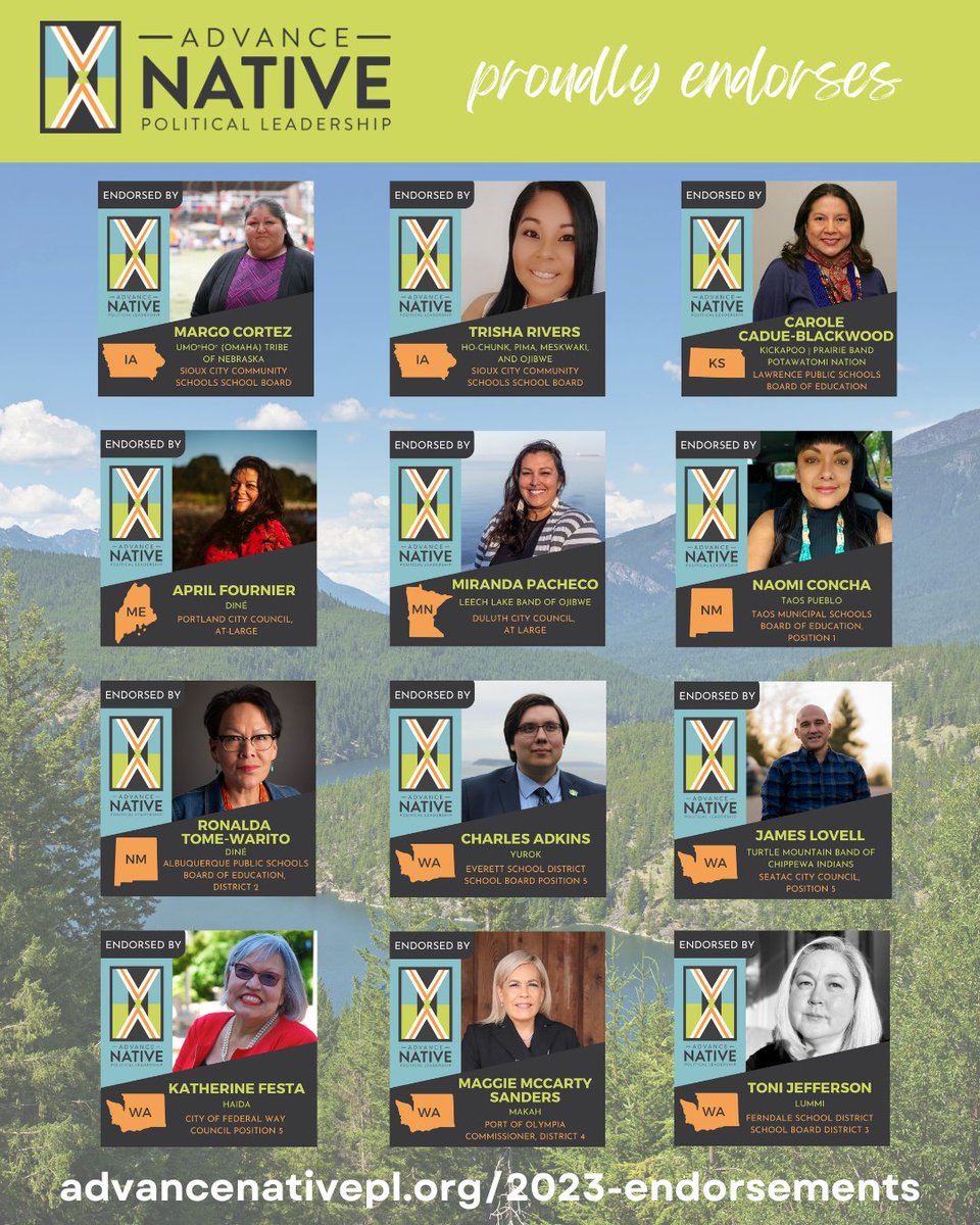 advancenativepl's tweet image. In 2023, we endorsed 14 Native candidates running for office in 8 states. Today, 12 of these candidates are on ballots in 6 states. They are among 45+ Native candidates running across the country. Get out and #VOTE today! 🗳️✊🏾

#BuildNativePower #NativeVote #NativeVote2023