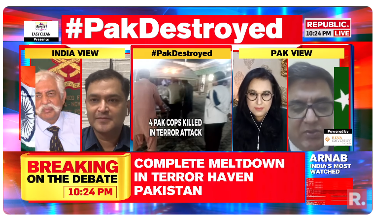 republic's tweet photo. #PakDestroyed | Terror comes biting the country who shielded terrorists and gave them a safe heaven. Watch Major. Gaurav Arya (Retd) (@majorgauravarya), Consulting Editor, Strategic Affairs decoding the similarities between Hamas and Pakistan leadership
The Debate is now on-air. Tune in and fire in your views with the hashtag - https://t.co/aIaGfLpel5
#Pakistan #PakTerrorAttack #ImranKhan #Terrorism #PakArmy #KhyberPakhtunkhwa #PoK #Arnab #ArnabGoswami