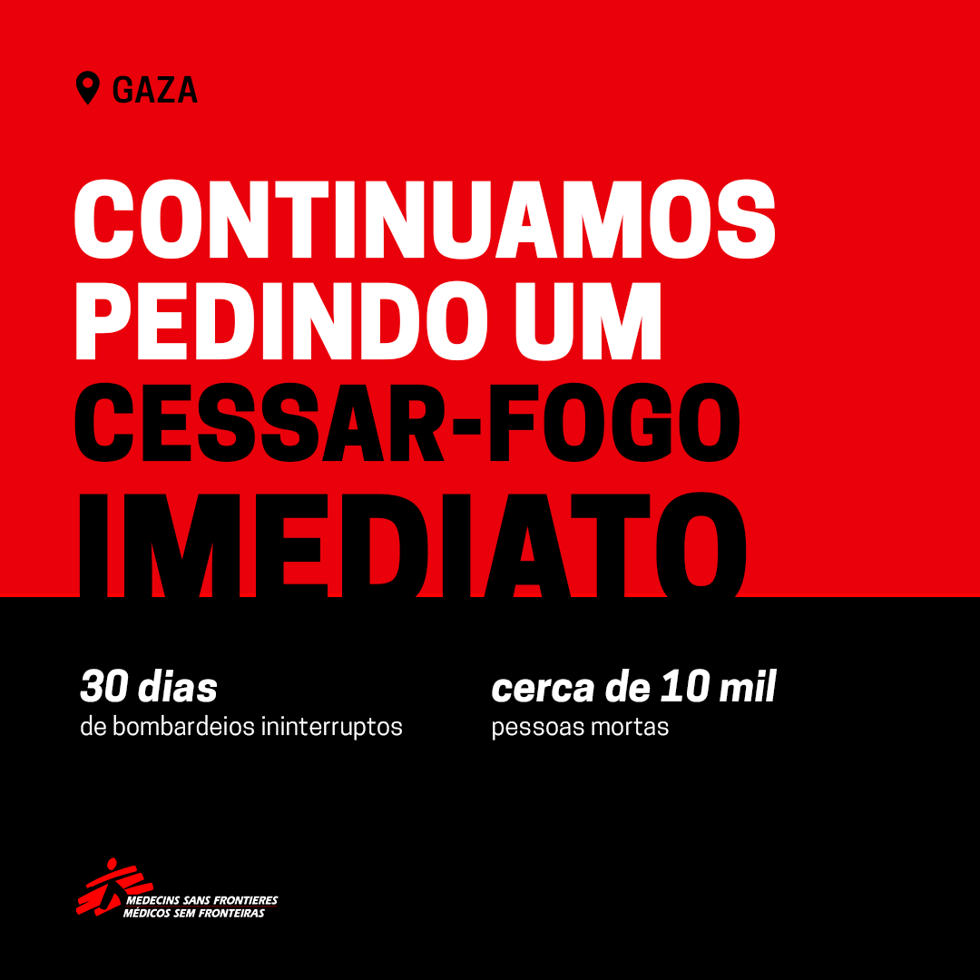 📢 GAZA
Seguimos pedindo um cessar-fogo imediato!

Em 30 dias, cerca de 10 mil pessoas morreram, incluindo mais de 4 mil crianças, segundo a Organização Mundial da Saúde. Milhares de pessoas continuam feridas e desaparecidas.

É urgente! O derramamento de sangue precisa acabar.