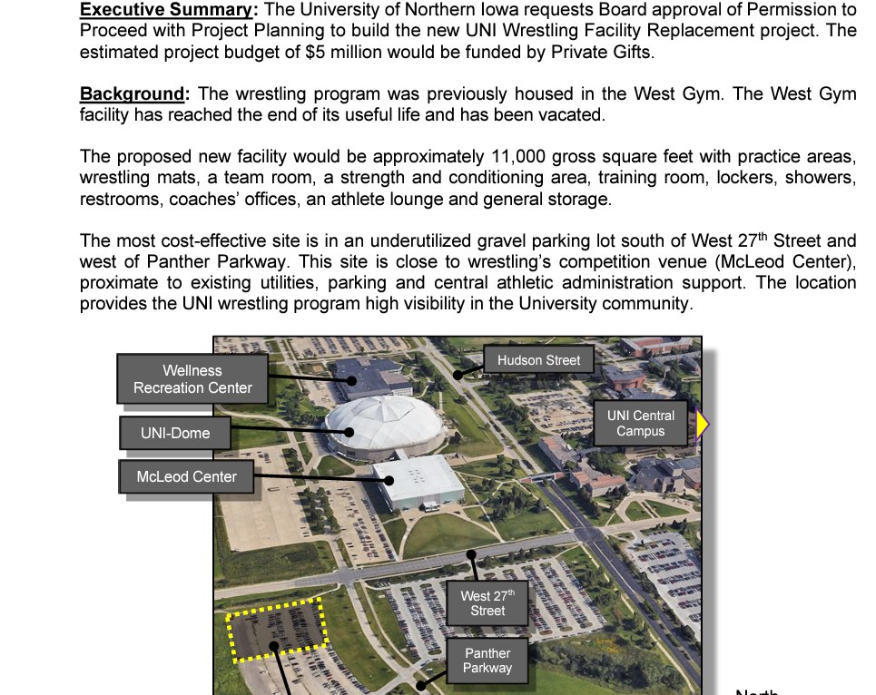 Nelley13's tweet photo. The proposed new location of a @UNI_wrestling training facility will be across 27th Street from the McLeod Center which is currently a dirt/gravel parking lot #EverLoyal https://t.co/VU8Y8nzEg2