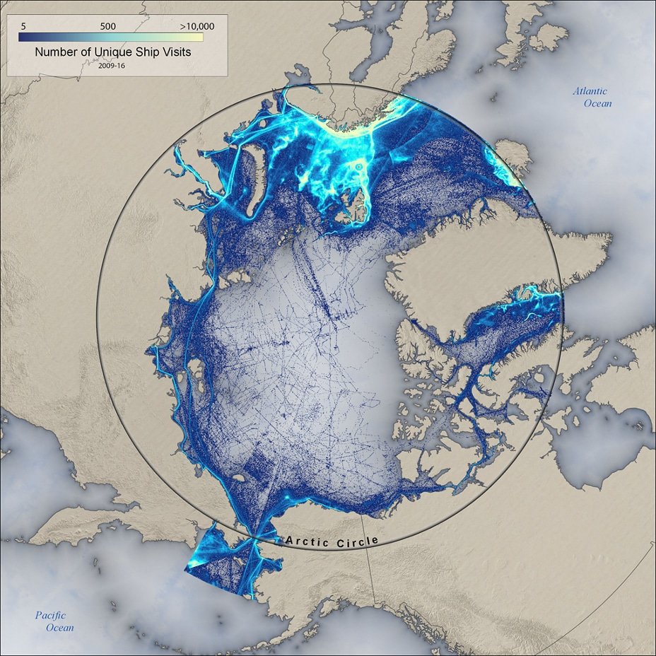 As climate change melts Arctic sea ice, ship navigation in the region becomes easier— opening up new resources for exploitation that could accelerate climate change even further.
woodwellclimate.org/dr-jennifer-fr…

#30DayMapChallenge Day 7: Navigation
(🗺️ : <a href="/g_fiske/">Greg Fiske</a> )