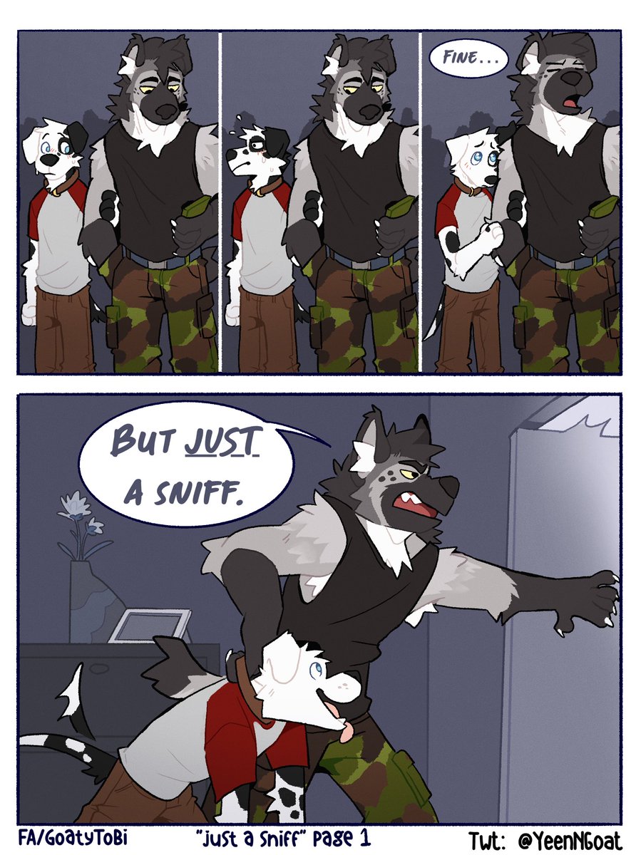 YeenNGoat's tweet photo. Just a Sniff : page 1

✨ IM MAKING A COMIC ✨
You can read this in my FA in a folder or on e621 the for best resolution.
First 3 pages are done so I’ll post real soon~
Support my work on kofi for sketches and for more comics in the future!

#yiff #yiffcomic #furryyiff https://t.co/VNp4imlfNj