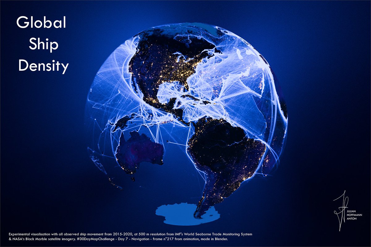 Julian_H0ffmann's tweet photo. Global Ship Density - #30DayMapChallenge - Day 7 - Navigation - Which angle do you prefer? Frames  from animation made in Blender. Experimental visualisation with all observed ship movement from 2015-2020, at 500 m resolution from IMF's World Seaborne Trade Monitoring System & NASA‘s Black Marble satellite imagery. #dataviz #b3d #shipping