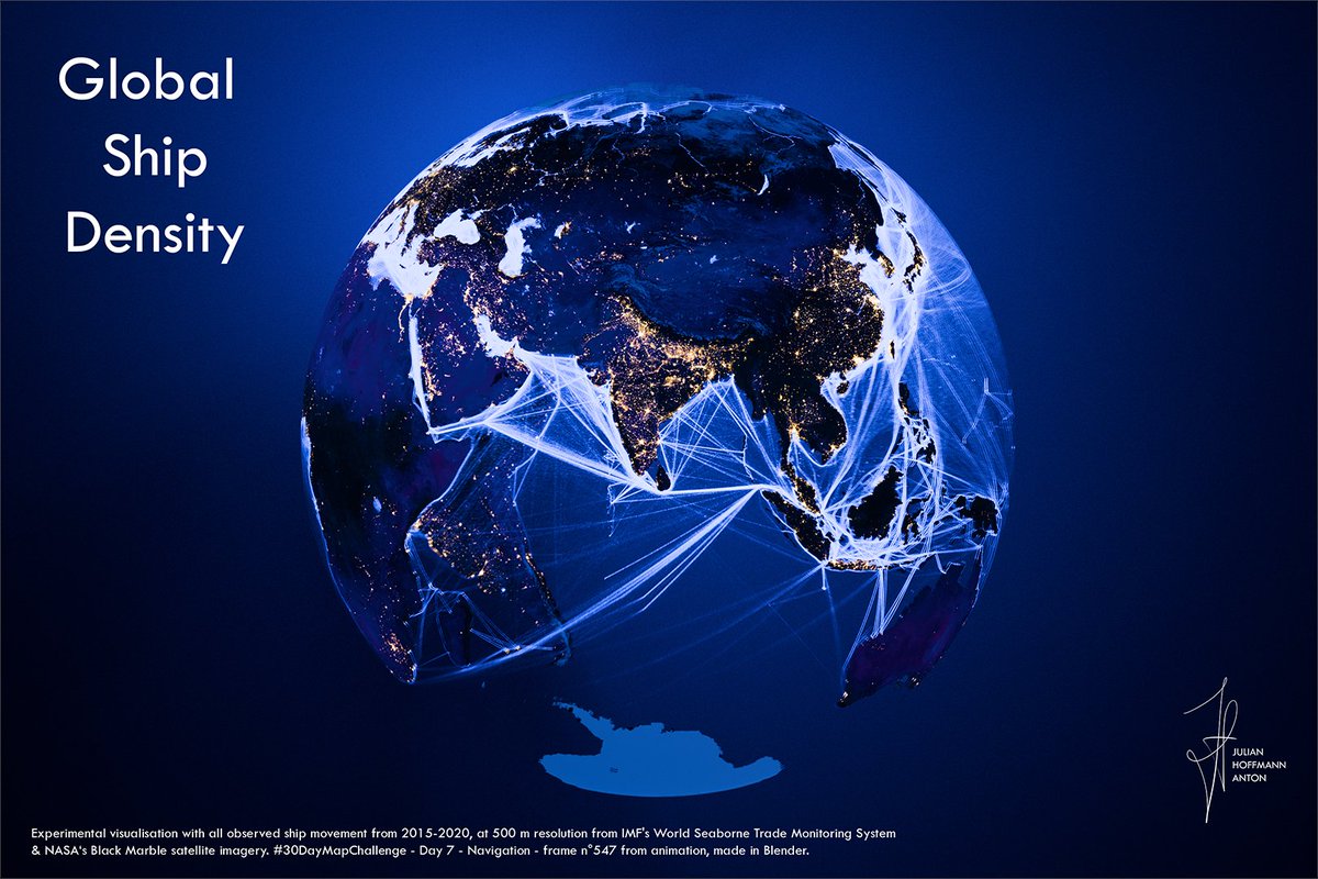 Global Ship Density - #30DayMapChallenge - Day 7 - Navigation - Which angle do you prefer? Frames  from animation made in Blender. Experimental visualisation with all observed ship movement from 2015-2020, at 500 m resolution from IMF's World Seaborne Trade Monitoring System &amp;