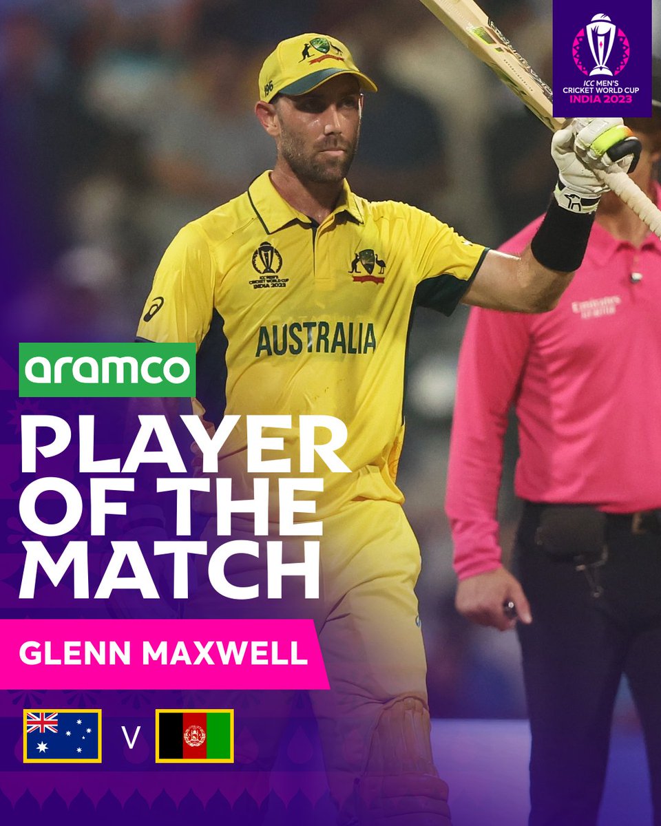 ICC's tweet photo. Glenn Maxwell overcame adversities to smash a record double ton in an epic Australia win ⚡

He's the @aramco #POTM 🏏

#CWC23 | #AUSvAFG https://t.co/7WBYYvZWwN