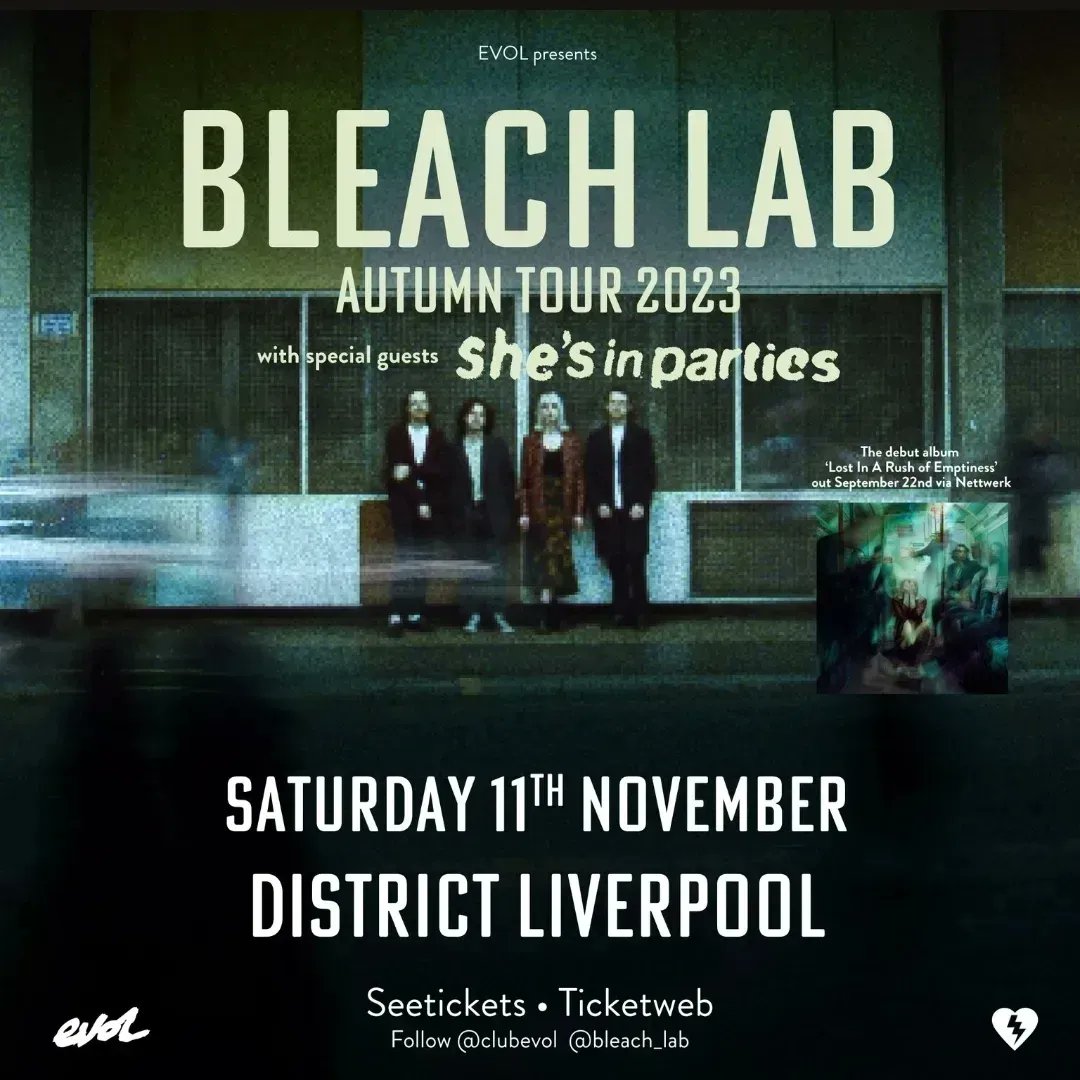 This coming Saturday, mesmerisingly ethereal indie dream-pop quartet @bleach_lab bring their critically-adored (⭐⭐⭐⭐⭐ @readdork) debut album to @DistrictLpool with special guests @shesinparties__ get tickets @seetickets here: seetickets.com/event/bleach-l… 📸 carlarroves in 🇮🇪