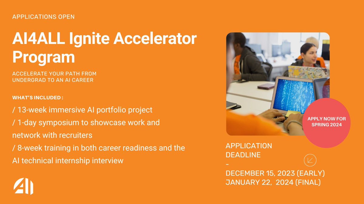 ai4allorg's tweet photo. Embark on a journey of career readiness and technical AI skills, guided by industry experts with the AI4ALL Ignite Program! Apply now for the spring 2024 cohort. Apply today: https://t.co/ELXel4027z https://t.co/qmPHiNSKW3