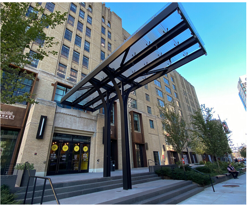 Landmark Center Boston. For the canopies, we created a custom articulating glass fitting to point support corrugated laminated glass.  Photo courtesy of Kevin White.
#architecturalproducts #architecturalglass #glassbrackets #glazing #interiordesign #architecture #canopies