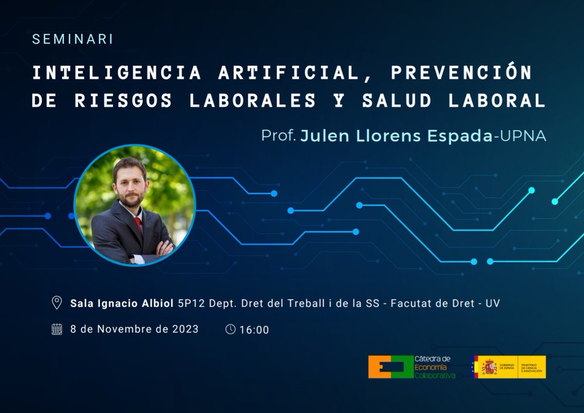 Os recordamos que mañana tendrá lugar el seminario de Julen Llorens sobre "Inteligencia Artificial, Prevención de Riesgos Laborales y Salud Laboral"