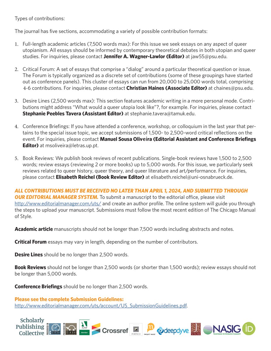 Our call got a makeover!

CFP: Still Cruising Utopia
<a href="/UtopianSJournal/">Utopian Studies: Journal of the Soc for Utopia St</a> 
Deadline: April 1, 2024