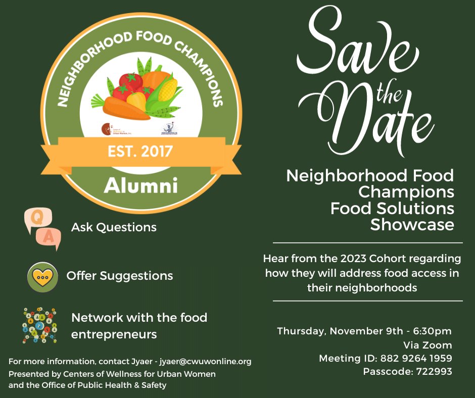 We are so excited for our 5th cohort of Neighborhood Food Champions to present their projects to the community.  You can join the call and ask questions of the presenters about how they will address food access and insecurity in Indianapolis!  Presented by  <a href="/IndyOPHS/">Indianapolis OPHS</a> and CWUW