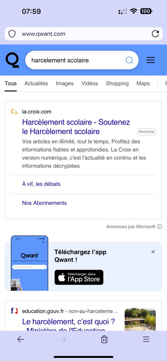 pi_rr_'s tweet photo. Bon ben @Qwant_FR @LaCroix c’est vraiment dommage ces publicités @MSFTAdsFR sur le mot clé « harcèlement scolaire » 😳 https://t.co/Oqp3WdSKAO