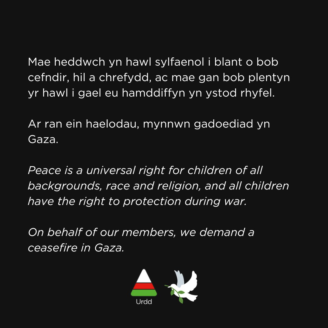 Mae heddwch yn hawl sylfaenol.

Mynnwn gadoediad yn Gaza. 🇵🇸

Fel mudiad, byddwn yn anfon holl elw o werthiant nwyddau Nadolig yr Urdd at apêl Achub y Plant Gaza.