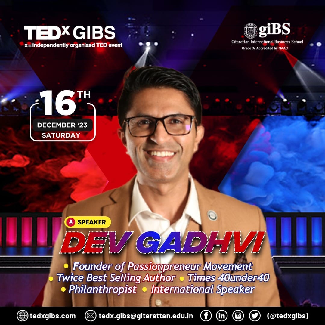 TEDxGIBS's tweet photo. Exciting news! Our first TEDxGIBS speaker on December 16, 2023, is Mr. Dev Gadhvi,a celebrated passionpreneur and best-selling author of "80% Mindset 20% Skills".Get ready to be inspired by his remarkable success story.Don't miss this opportunity for motivation!

#tedx #TedxGibs https://t.co/QIG6t9RNlD
