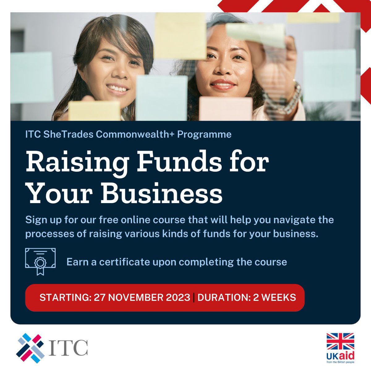 ITCnews's tweet photo. 📢 Calling women entrepreneurs in #ASEAN!
In partnership with @FCDOGovUK, ITC #SheTrades Commonwealth+ Programme is offering an e-learning course on raising funds for your business!
Sign up by 22 Nov: https://t.co/UmOYl7xUVo https://t.co/kQdN1sHnqa