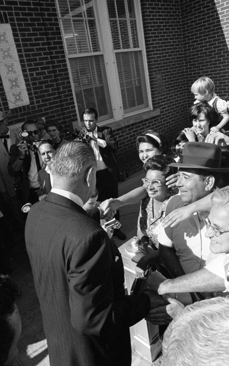 LBJLibrary's tweet photo. #OTD: Fifty-seven years ago, #LBJ went back to #Cotulla, #TX &amp; visited the Mexican-American school he once taught at while taking a break from his studies at the Southwest Texas State Teachers College (now @txst).

📷 Mike Geissinger | 11/07/1966 | Wellhausen School - #CotullaTX https://t.co/Hc0P8xRFM2