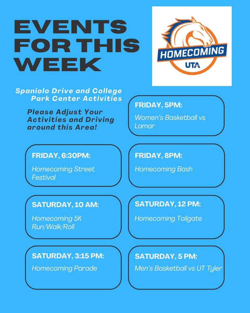 UTAMAVPark's tweet photo. "🎉 Get ready to paint the town orange at this year's Homecoming! 🤘 Join us for a week full of exciting events, from spirited pep rallies to epic basketball games. Let's make memories together! 🏈🎊 #UTAHomecoming #MaverickPride #PartyTime"#UTArlington https://t.co/RYK12YDJ5F