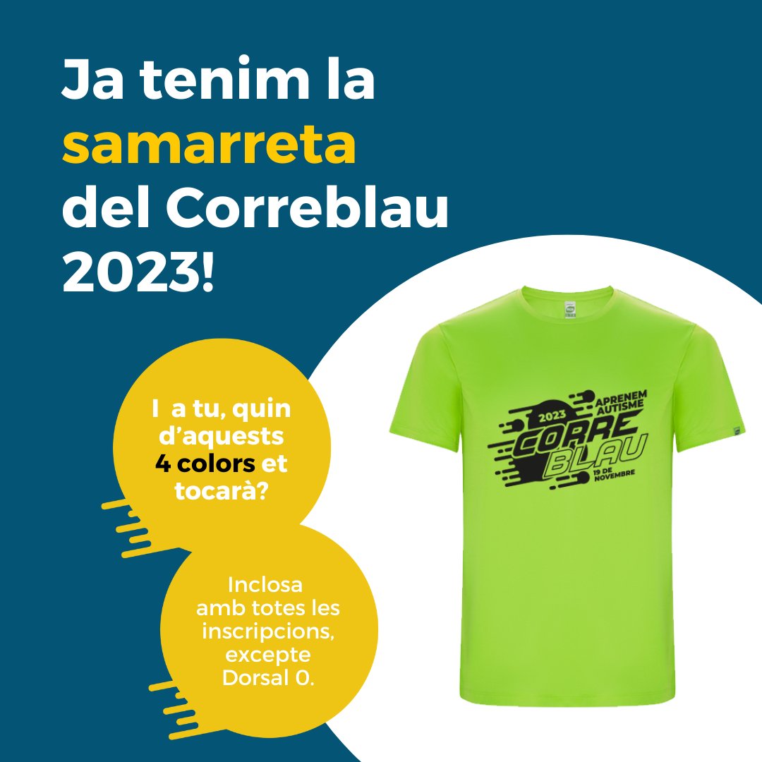 👟Ja la tenim aquí! Estrenem samarreta pel #CorreBlau2023! 

Aquest any hi ha sorpresa: afegim 3 nous colors! I no sabràs quin et tocarà fins al moment de recollir-la!

Quina us agrada més? 🔵🟠🟡🟢
✍️aprenemautisme.org/correblau/