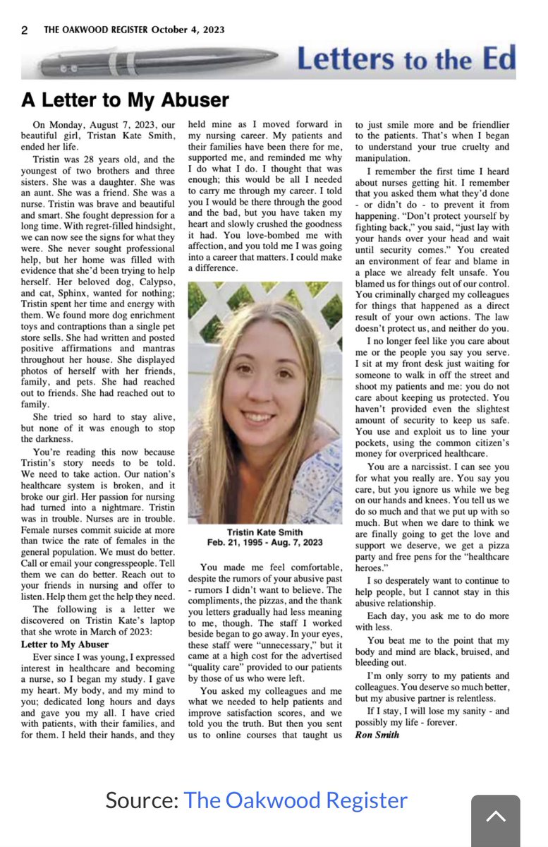 “If I stay, I will lose my sanity - and possibly my life - forever.”

- Tristan Kate Smith, RN

She died by suicide 5 months after writing about how she was suffering at the hands of her abuser: the US Healthcare System.

doximity.com/newsfeed/74b0f…