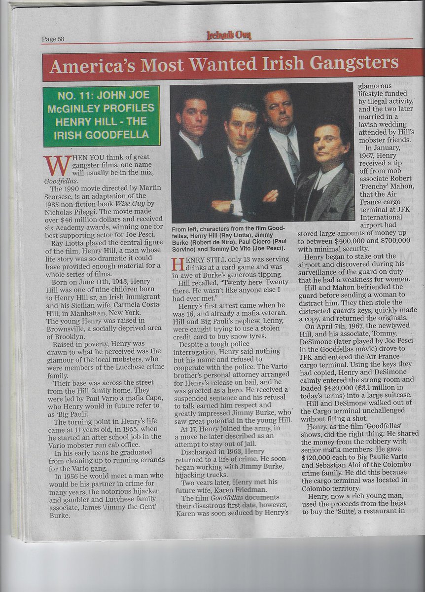 IrishWiseGuys's tweet photo. A look at the life of Henry Hill the Irish mobster from #GoodFellas Originally published in Ireland's Own This was a catalyst for my own book https://t.co/IC8VTACVXT in which I explored the lives of not just Henry but 17 other Irish American Gangsters #irishwiseguys https://t.co/SBuvcYvEpq