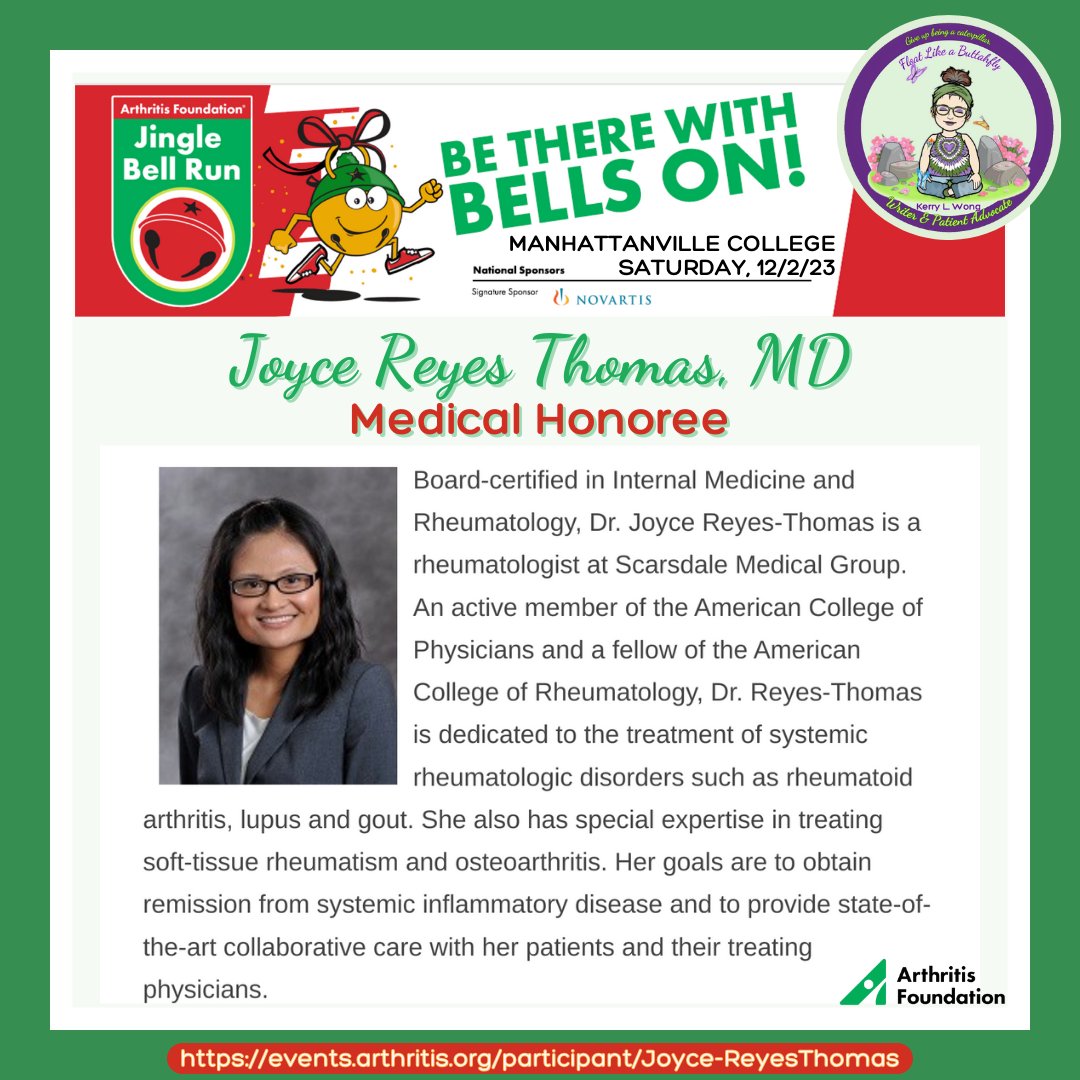I'm so excited and proud to show off that MY #rheumatologist is the Medical Honoree for this year's #JingleBellRun! Support Dr. Reyes Thomas and her team: events.arthritis.org/participant/Jo… (& support me and mine at bit.ly/JBRbuttahflyk) ~🦋 #arthritis #AiArthritis #rheumatology #rheum