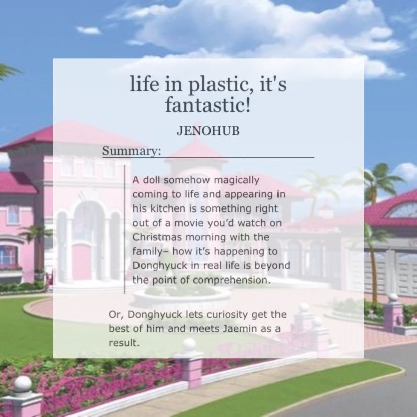 🎀 life in plastic, it’s fantastic!

- nahyuck 
- rated t 
- on-going, chapters 2/?, 5.1k
- magical realism, barbie jm, meet-cute that’s also partly frightening 
- written for <a href="/nhficfests/">nahyuck fest | RESTING</a> !

🔗 archiveofourown.org/works/50873383…