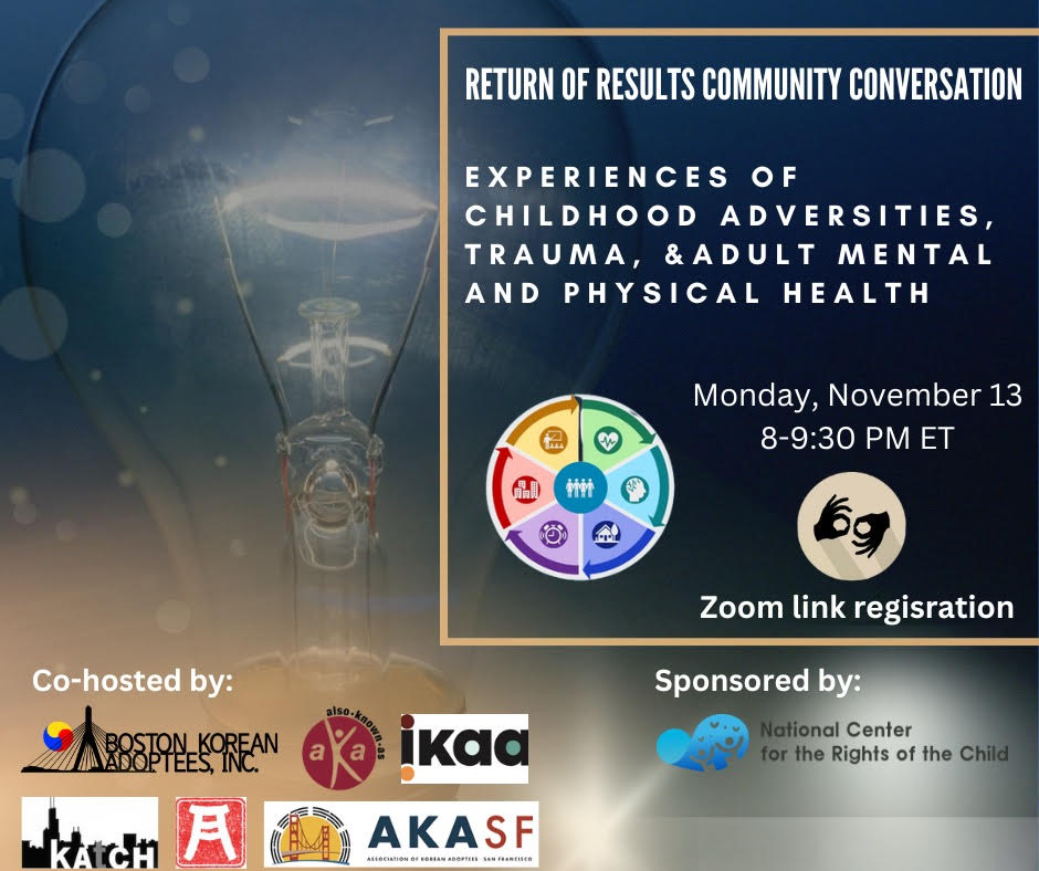 Interested in brand-new adoptee research? 👀

Join this virtual community convo unpacking survey results around💡Experiences of Childhood Adversities, Trauma, &amp; Adult Mental and Physical Health💡
 
🔹Monday, Nov. 13 (8-9 pm ET)
🔹Register for Zoom link: bostonchildrens.zoom.us/meeting/regist…