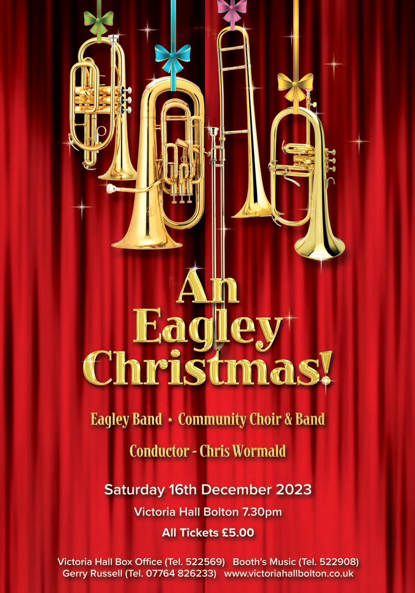 Tickets are now on sale from Booth's Music for the annual Eagley Band Xmas concert over at Victoria Hall, Bolton. All tickets are JUST £5.00 and the event takes place on Sat 16th Dec. #xmasconcert #eagleyband #brassband #victoriahall #music #bolton @eagleybrassband @VicHallBMM