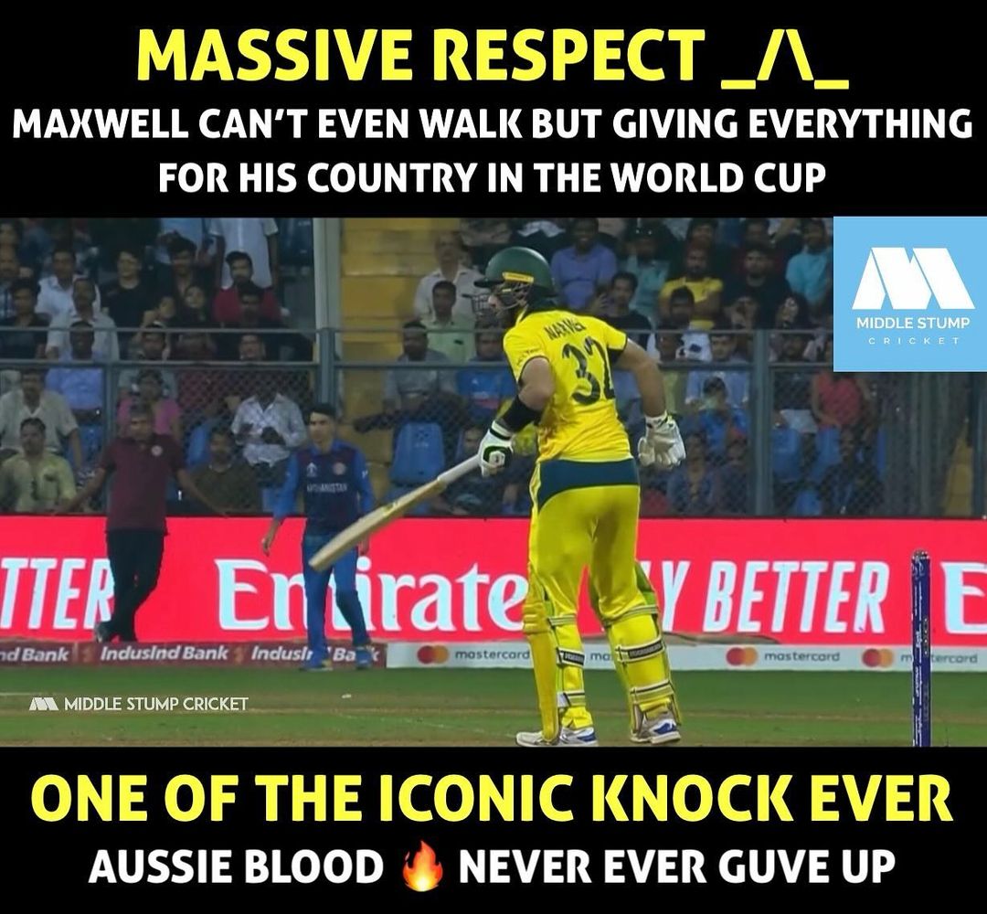 TRS_Hemanth's tweet photo. Bombastic Run chase ever in ODI, looks like maxi was in another mode today 🤯. Congratulations @CricketAus &amp; @Gmaxi_32. Stand and deliver shots all over the ground by maxi 👌🏻. Keep slaying and entertaining us 

#AUSvAFG #ICCWorldCup #CricketWorldCup2023 https://t.co/93PVe6fC0o