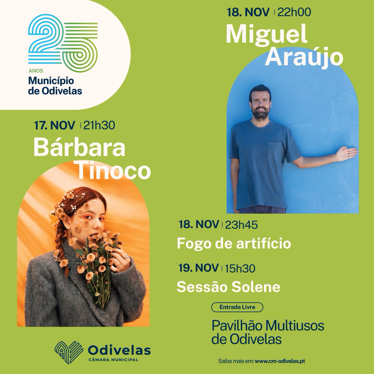 CMOdivelas's tweet photo. O Município de Odivelas celebra, no próximo dia 19 de novembro, 25 anos de existência.

A Câmara Municipal promove um conjunto de iniciativas, destacando-se os concertos, de entrada livre, dos artistas Bárbara Tinoco e Miguel Araújo.

Mais informação em https://t.co/8Xl7gDiz4O. https://t.co/pa2EXxB3fa