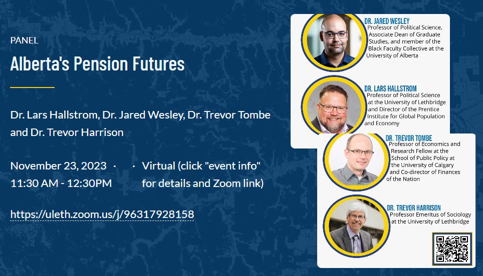 Interested in Alberta's potential withdrawal from the Canada Pension Plan? Then tune in to this virtual expert panel on Thurs Nov 23 at 11:30 MST hosted by <a href="/PrenticInst/">Prentice Institute</a> 

prenticeinstitute.ca/events/2023/al…

#abpoli #ableg <a href="/trevortombe/">Trevor Tombe</a> <a href="/DrJaredWesley/">Jared Wesley</a>