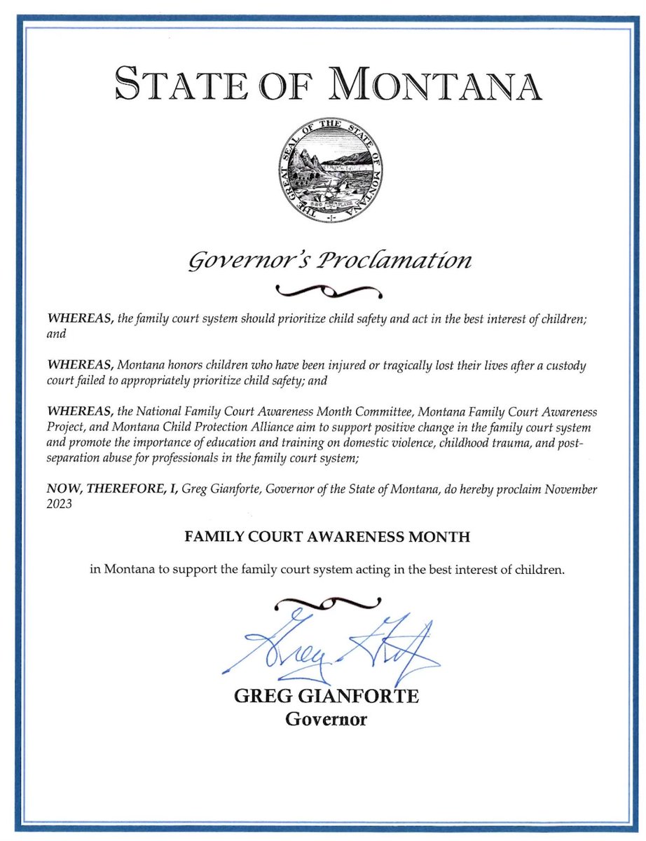 Thank you, @GovGianforte & all of the advocates in  #Montana for your commitment and acknowledgement of the importance of education and training on #domesticviolence, childhood trauma and #postseparationabuse for professionals in the #FamilyCourt system. familycourtawarenessmonth.org