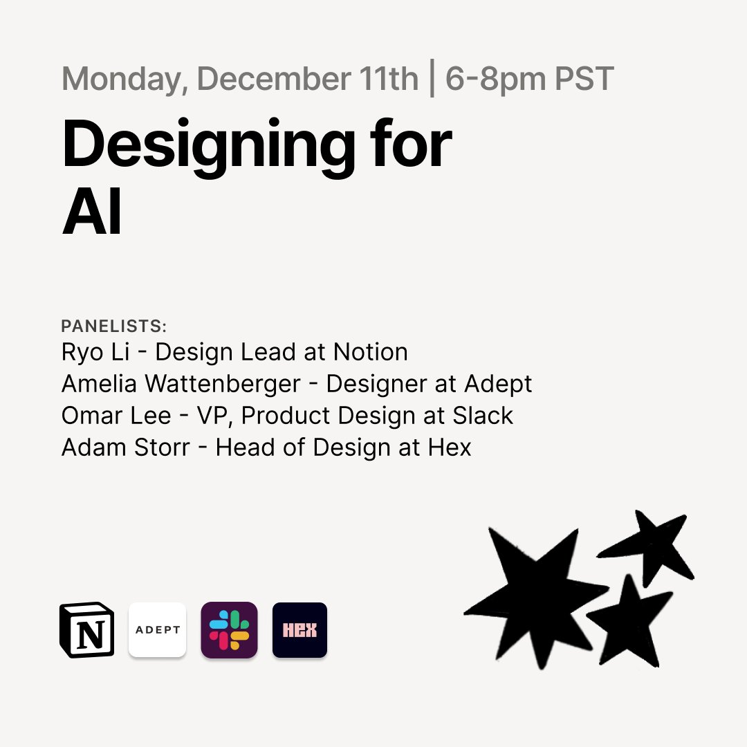 Twitter!! Join us at Notion HQ on Monday, December 11th as we bring together Product Designers from Notion, Adept AI, Slack, and Hex to discuss some of the unique challenges of designing in AI. Space is limited, so grab your spot here → lu.ma/sucoindm