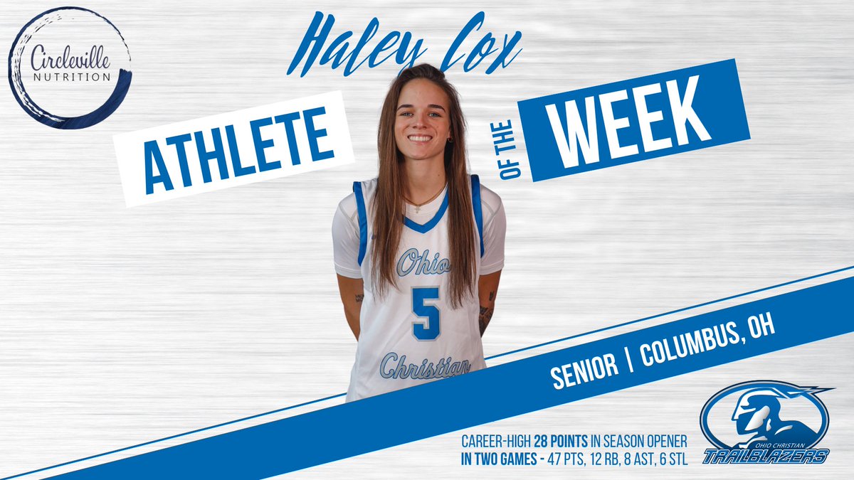 .<a href="/hcox5_/">Haley Cox</a> is our Circleville Nutrition Athlete of the Week after a week with 47 points, 12 rebounds, 8 assists and 6 steals and a career-high 28 points in <a href="/OhioChr_WBB/">Ohio Christian Univ WBBK</a>’s season opener! #BlazerNation🔥